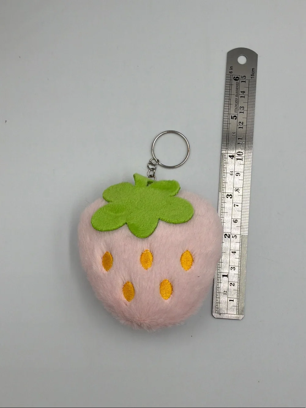 Plush Pink Strawberry Keychain with Green Leaf
